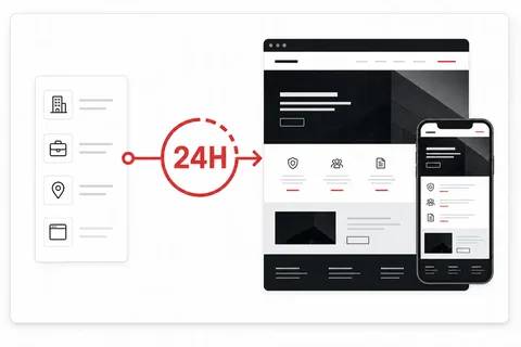 Law firm intake flowing into a responsive homepage draft in 24 hours